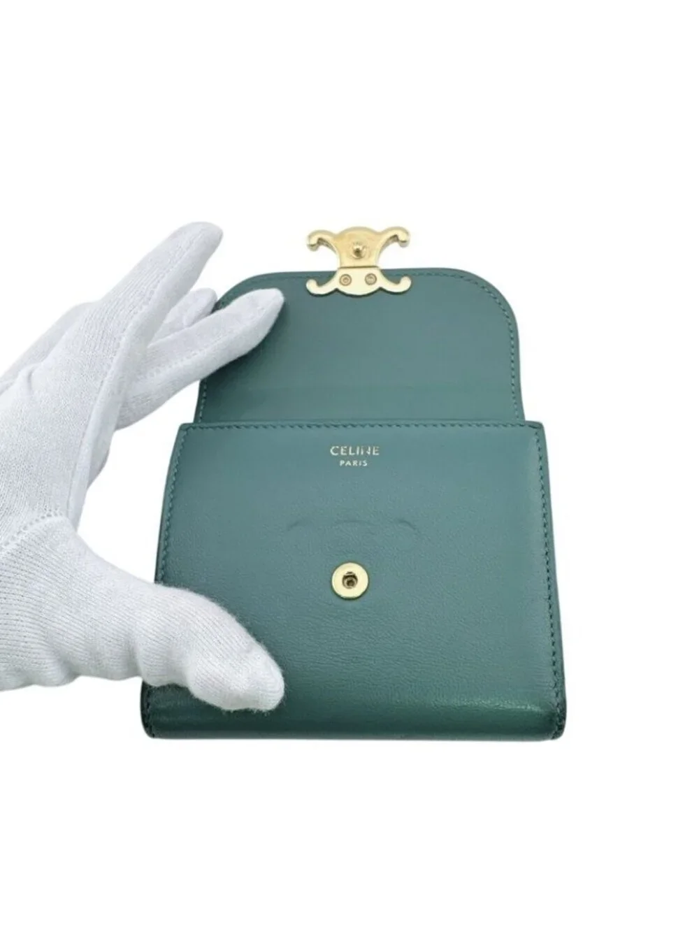 Celine Compact Wallet Small Flap Triomphe Leather Trifold Green - Picture 7 of 8